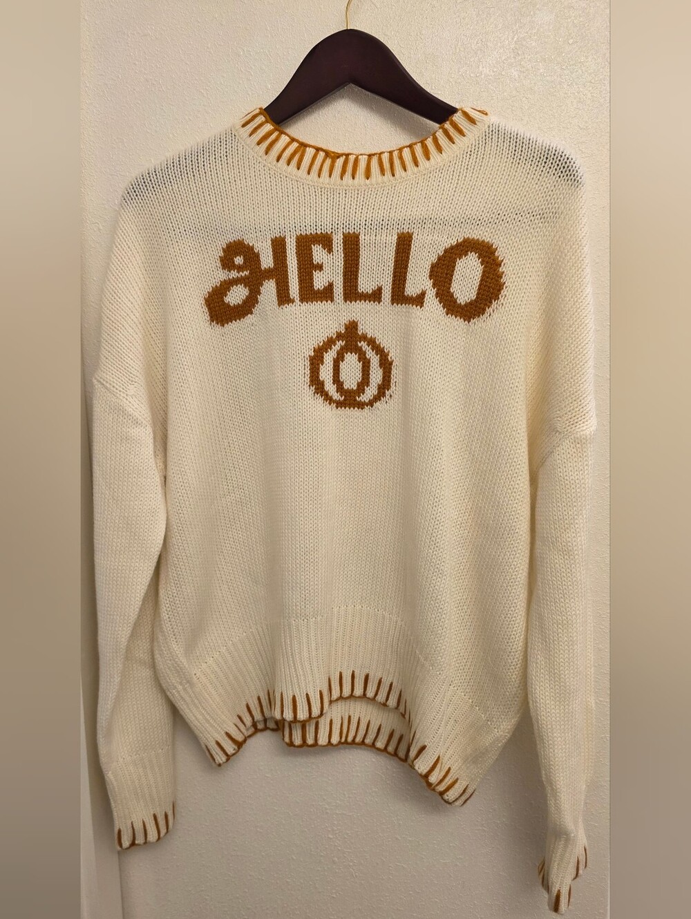 Simply Southern Cream Crewneck Sweater with Tan "HELLO" Pumpkin  L